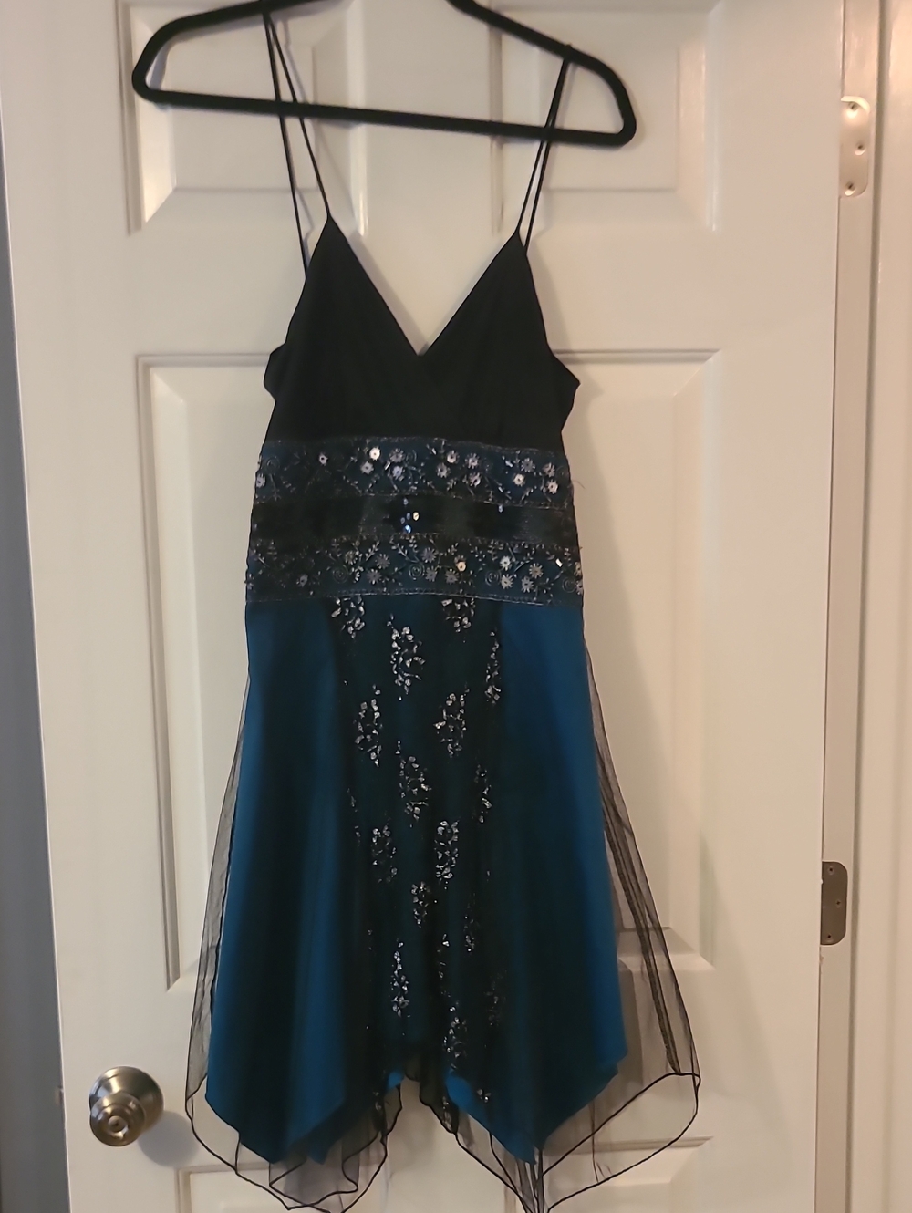 Hourglass Black & Teal Sequin Handkerchief Hem Party Dress Size M